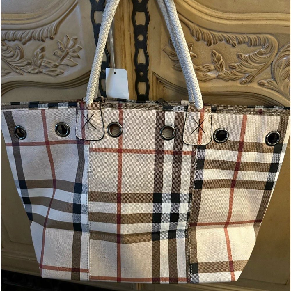 BRAND NAME PLAID XL SHOPPER TOTE WITH BRAIDED LEATHER HANDLES NEW
